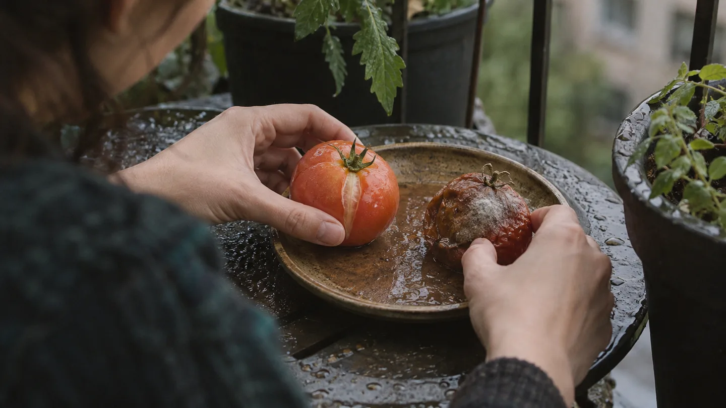 Hands separate a firm cracked tomato from a moldy, collapsing one on a rainy balcony.