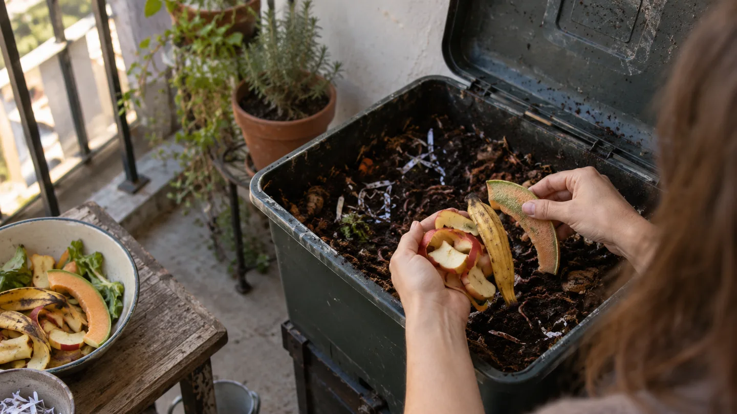 Hands place apple, banana, and melon scraps into a home worm bin with shredded paper nearby.