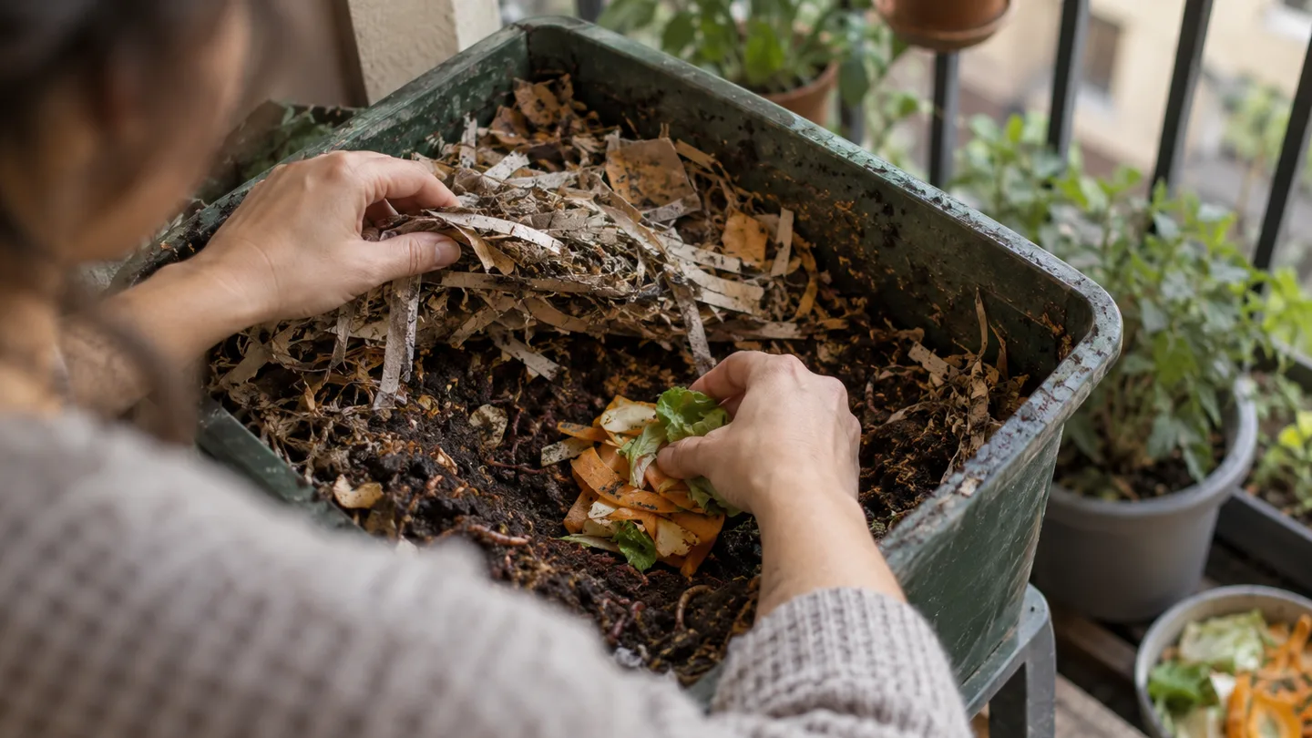 Hands tuck vegetable scraps beneath loose bedding in a worm bin.