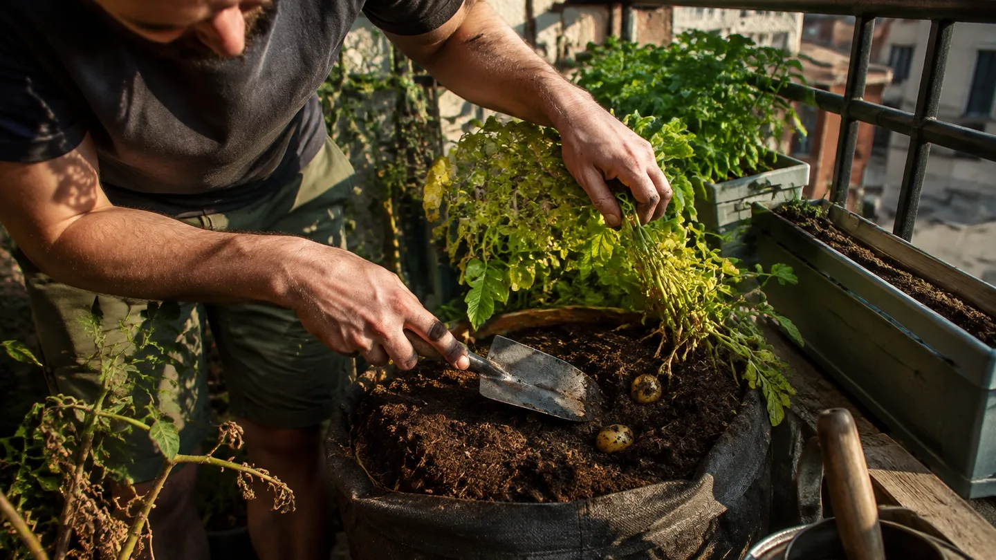 A gardener checks fading foliage and exposed soil before deciding whether the container crop is ready to dig.