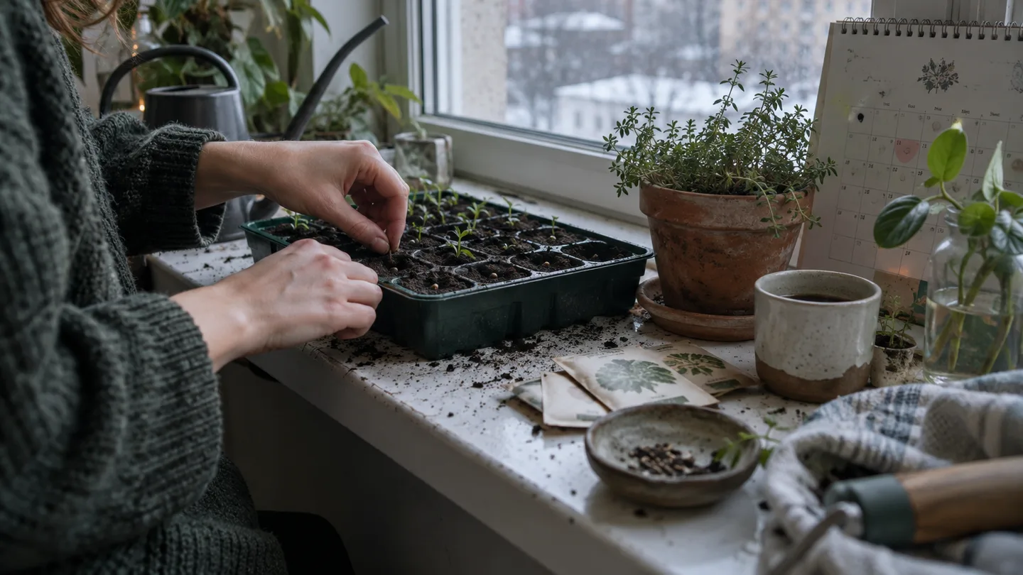 Hands sow seeds in a windowsill tray beside seedlings and a calendar, showing a practical start to spring growing.