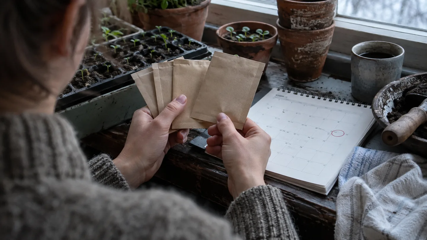 A gardener counts backward on a blank calendar beside seed packets to plan indoor sowing before the last frost.
