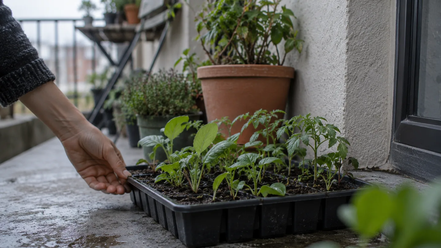Seedlings sit in a shaded balcony corner as they begin adjusting to outdoor conditions.