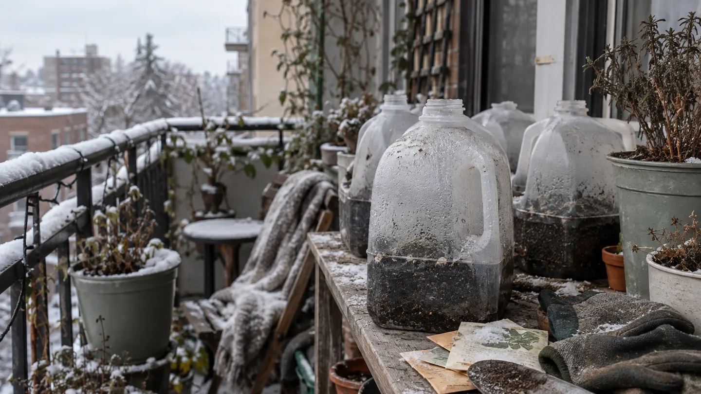 Clear covered containers rest on a snowy apartment balcony, ready to start hardy greens before spring.