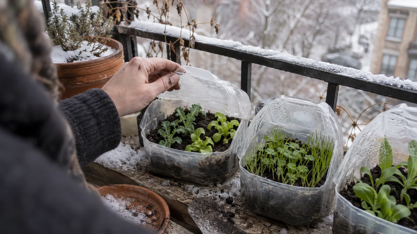 Several clear containers on a snowy balcony hold young greens, herbs, and flowers ready for cold weather.