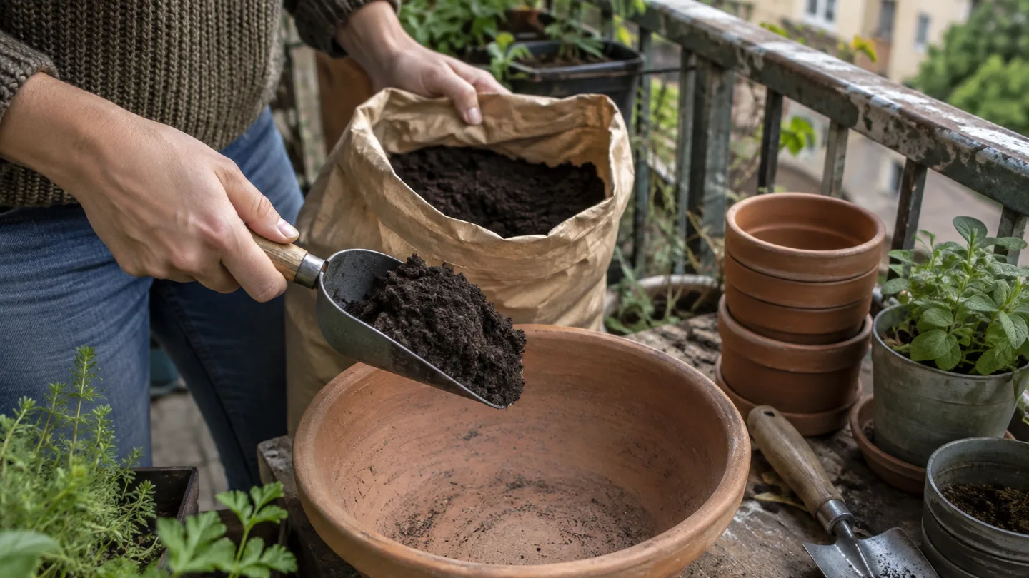 Hands measure a small scoop of compost beside an empty terracotta pot on a balcony.